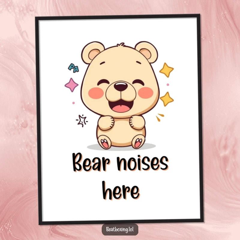 Funny Bear Vocalist Poster: A vibrant piece of art depicting a curious bear experimenting with various mouth shapes for sound.