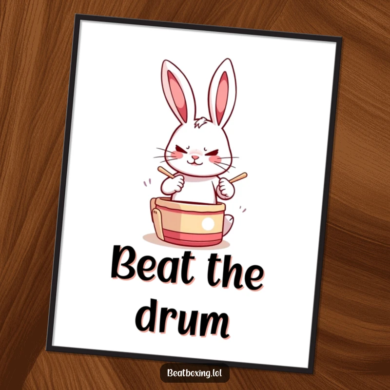 Funny Drumming Rabbit Poster featuring a determined rabbit character drumming its paws rapidly, ideal for adding energetic and musical decor.