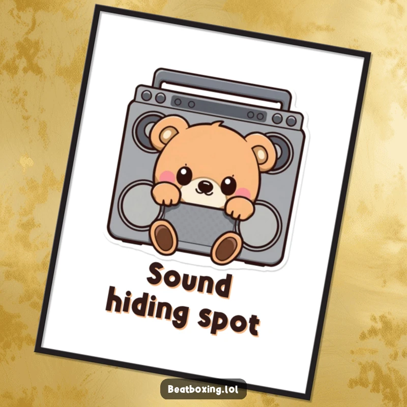 Funny poster art of a curious bear hiding behind a boombox, wide-eyed and full of retro musical charm.