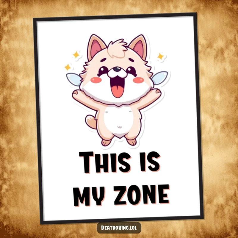 Funny poster print of a fuzzy animal character bursting with electric energy, mouth open in a hilariously dynamic pose.