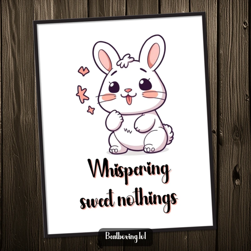 Funny kawaii bunny poster, lips forming a 'K' sound with quick, rhythmic motion, cute musical art.