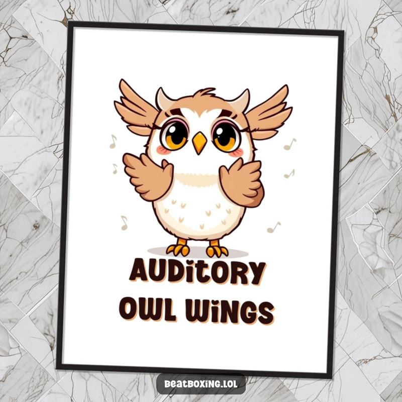Funny poster of a surprised owl character clapping its wings in time to music, eyes wide, creating a joyful artistic statement.