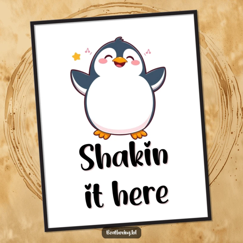 Funny penguin poster showing a joyous bird vibrating with internal rhythm and hip movements, a hilarious piece of wall art.