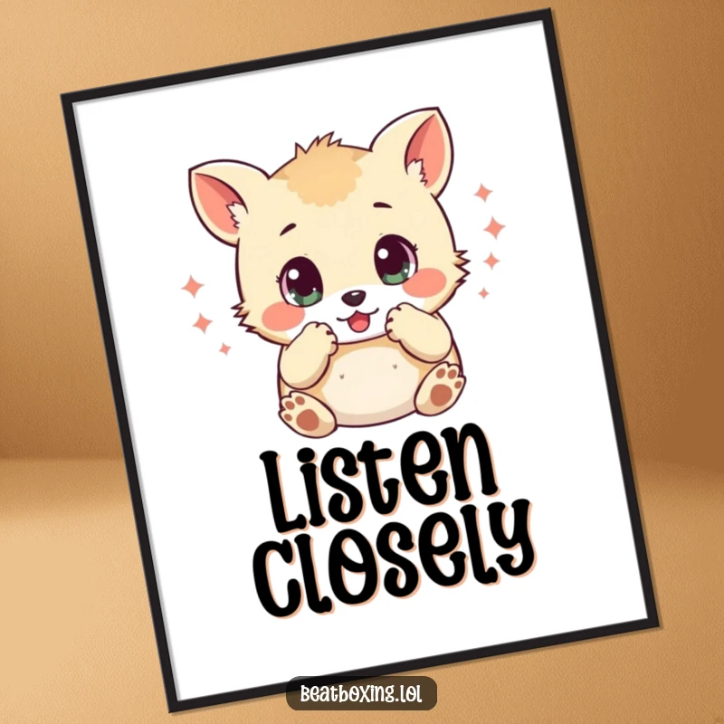 Funny poster featuring a small animal character with wide eyes, creating percussive sounds with its paws, evoking musical energy.