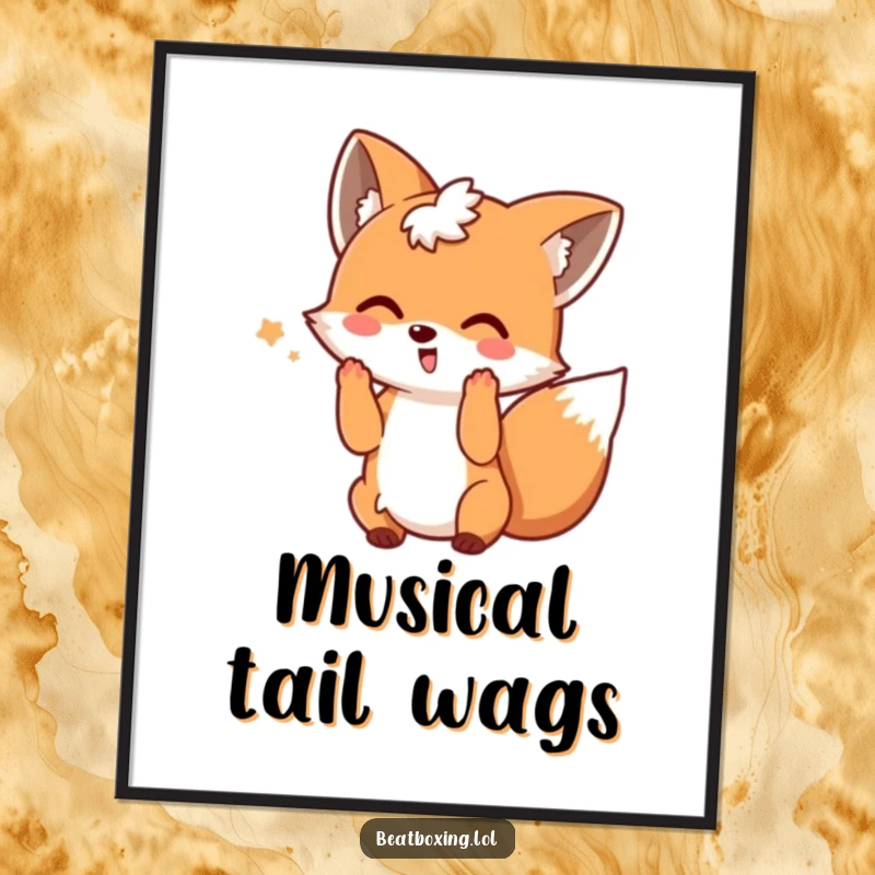 Funny poster art of a playful fox wagging its tail and making beat motions, perfect for rhythmic wall decor.