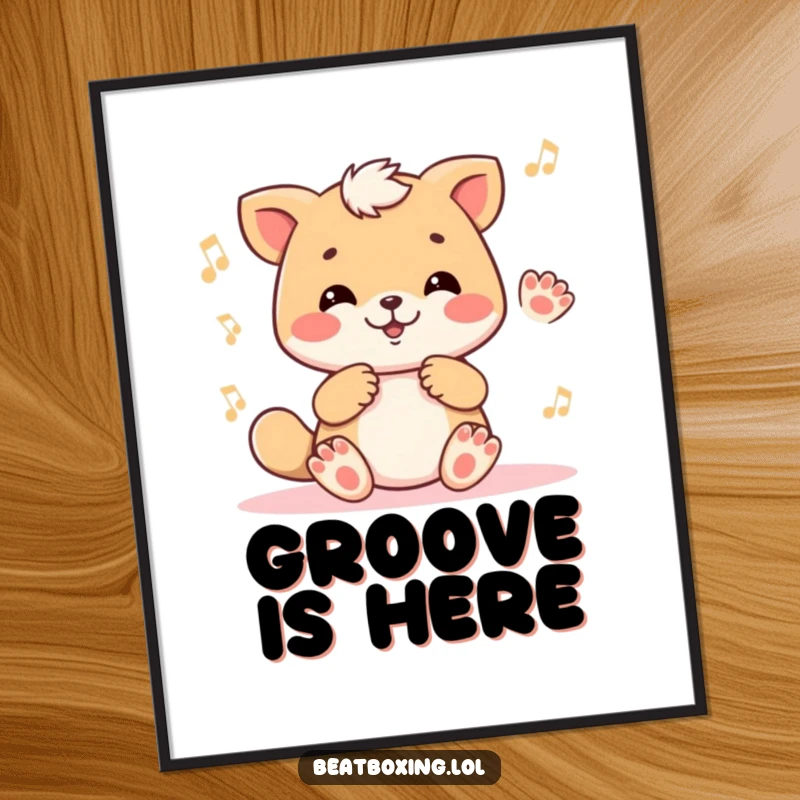 Funny poster featuring a cute animal character enthusiastically tapping its paws in a rhythmic pattern, evoking a sense of musical movement.