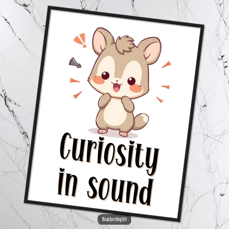 Funny poster showing a curious animal character playfully experimenting with various sound effects.