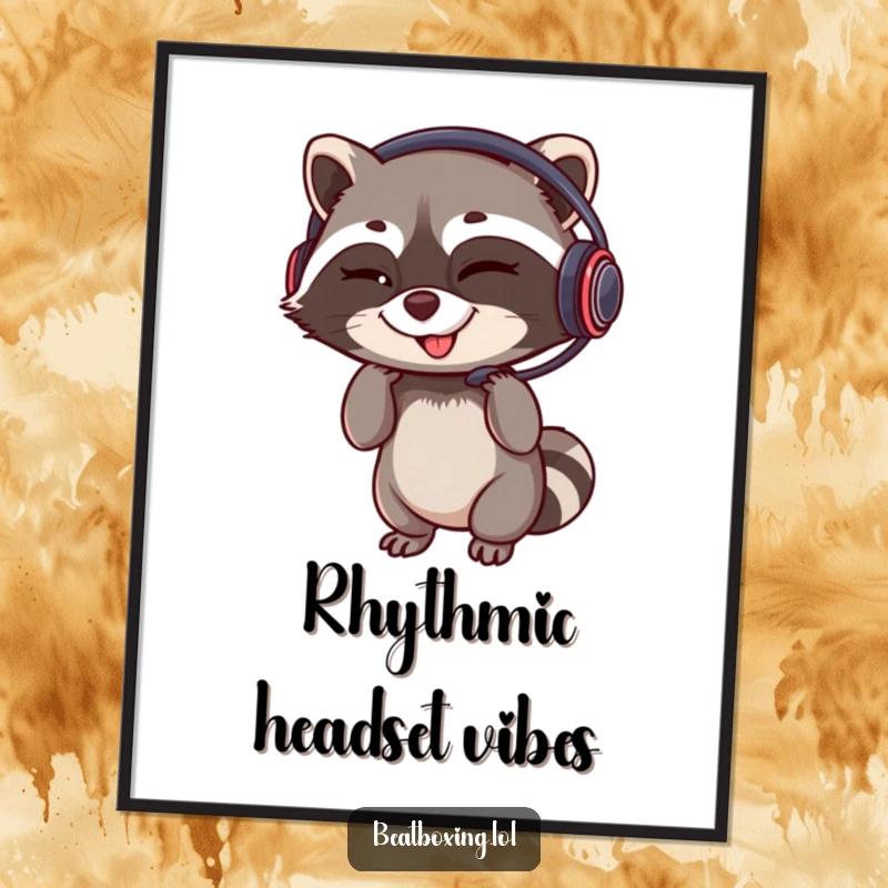 Funny poster art of a winking raccoon adjusting a headset with a rhythmic grin, perfect for gamer wall decor.