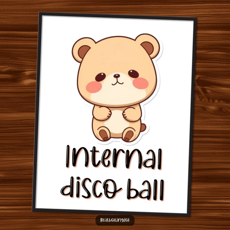 Funny poster displaying a cute bear character energetically bobbing its head to music, cheeks puffed, a perfect piece of art.