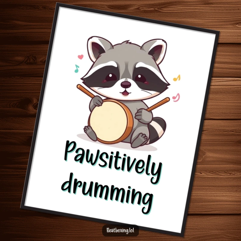 Funny raccoon poster showing a mischievous character mimicking drum sounds with its paws, a hilarious piece of music-themed art.