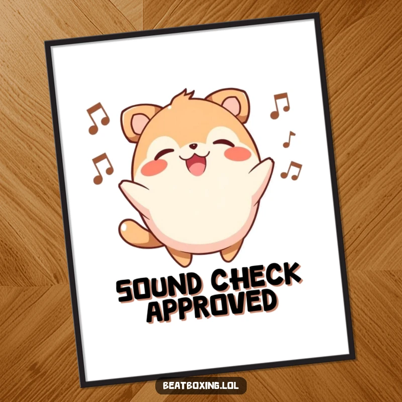 Funny poster of a round, smiling animal character beatboxing enthusiastically and creating vocal music.