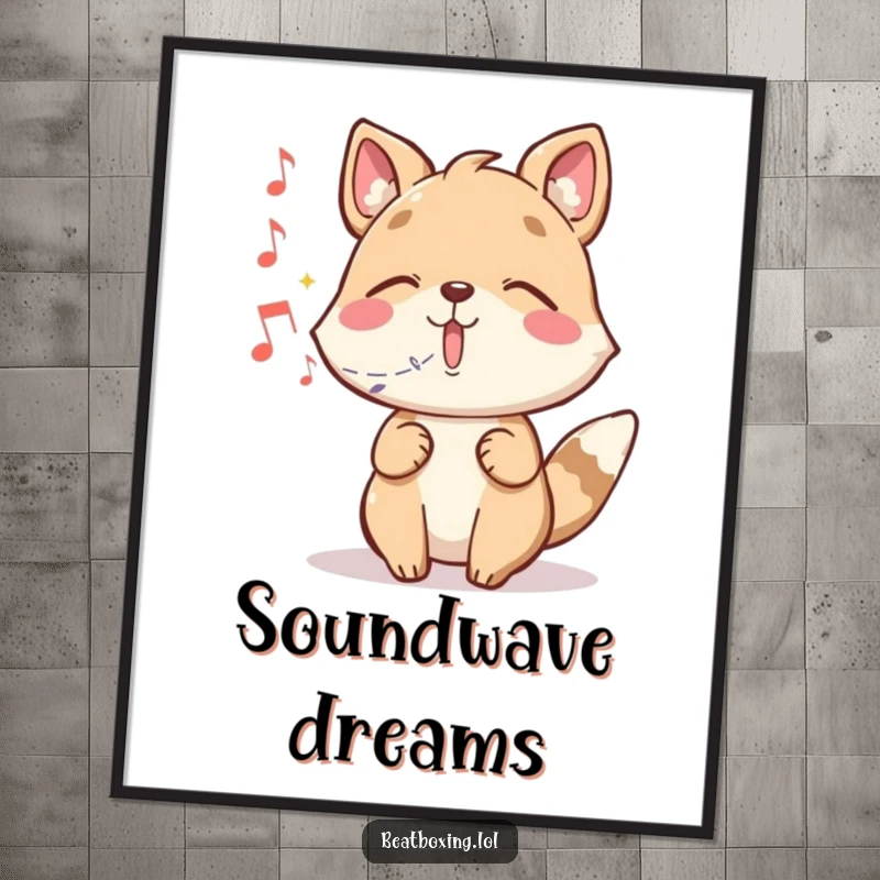 Funny poster depicting a whimsical animal character magically conjuring musical notes from its mouth.