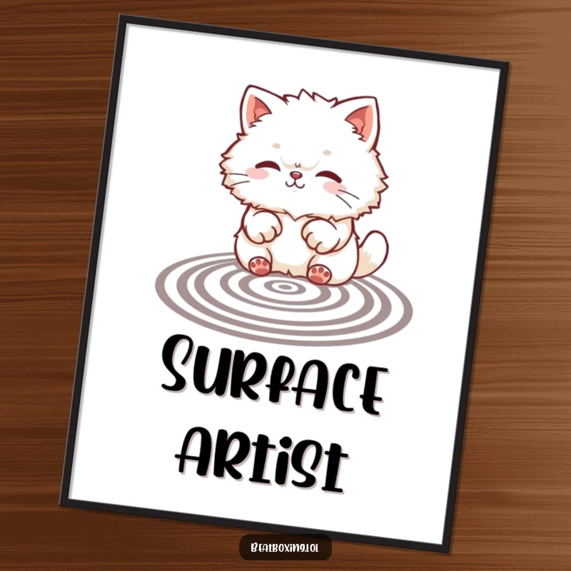 Funny poster art of a fluffy cat creating rhythmic patterns with its paws on a surface, depicting cute and funny artistic endeavors.
