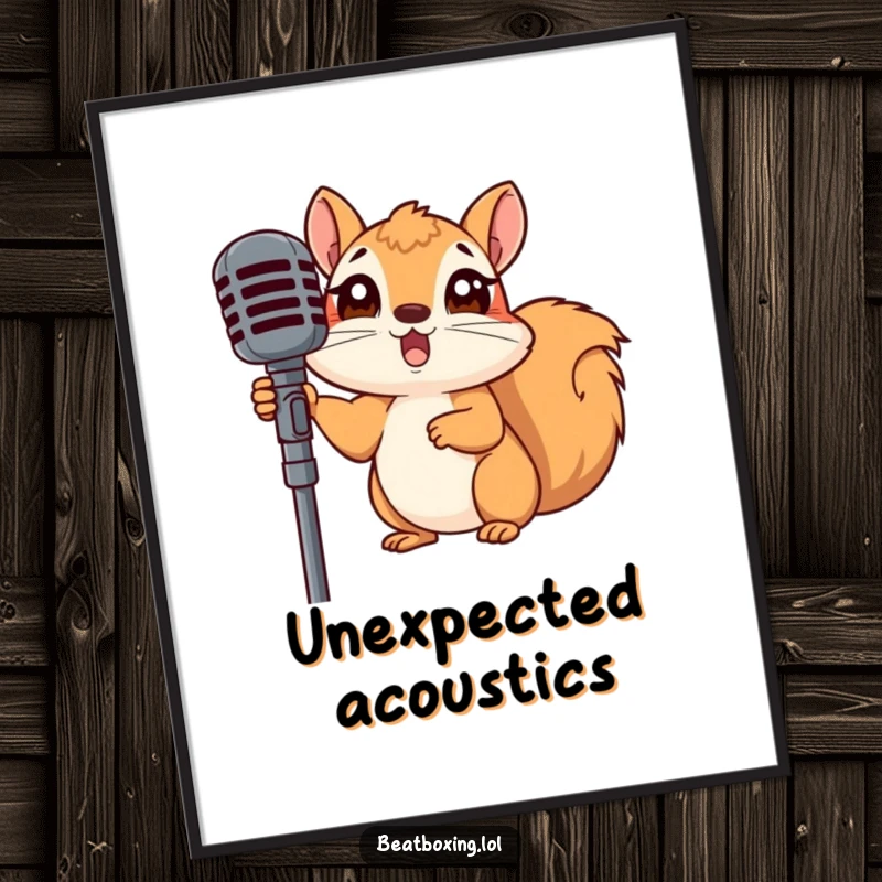 Funny poster art of a surprised squirrel peeking from behind a microphone stand, perfect for humorous wall decor.