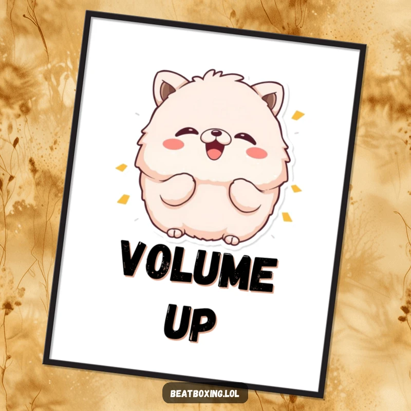 Funny poster print of a fluffy animal character with puffed cheeks, creating a 'boom' sound effect, ideal for humorous wall decor.
