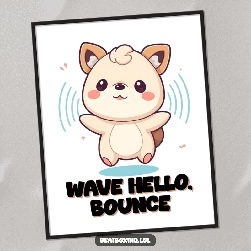 Funny poster art of a bouncing animal character surrounded by dynamic, pulsing sound waves, celebrating energy.