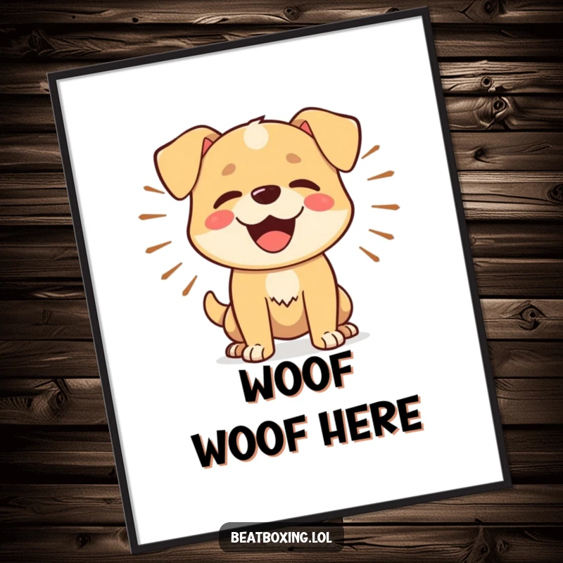 Funny Dog Barker Poster: A vibrant piece of art depicting a happy dog rhythmically barking with sound waves emanating outward.