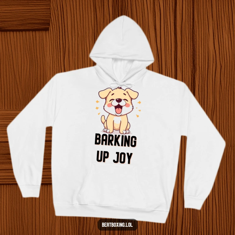 Cozy Funny Barking Puppy Hoodie depicting an energetic puppy barking with percussive bursts, offering warmth and playful humor for casual wear.