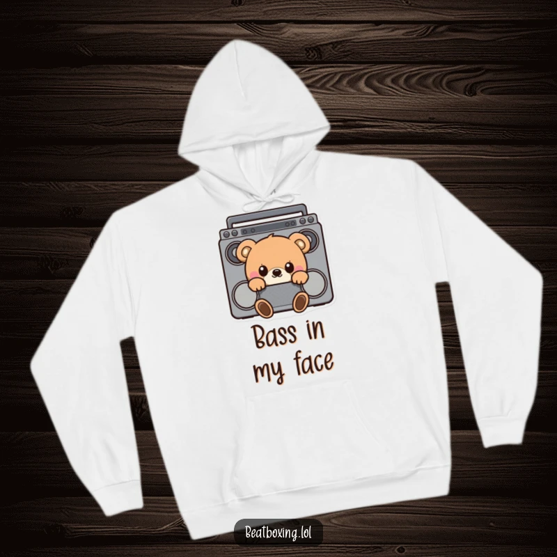 Funny hoodie with a curious bear hiding behind a retro boombox, peeking out with playful curiosity and musical anticipation.