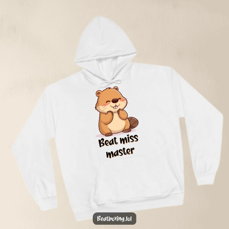 Funny hoodie with a clumsy beaver attempting to clap its paws, missing the beat with endearing awkwardness.