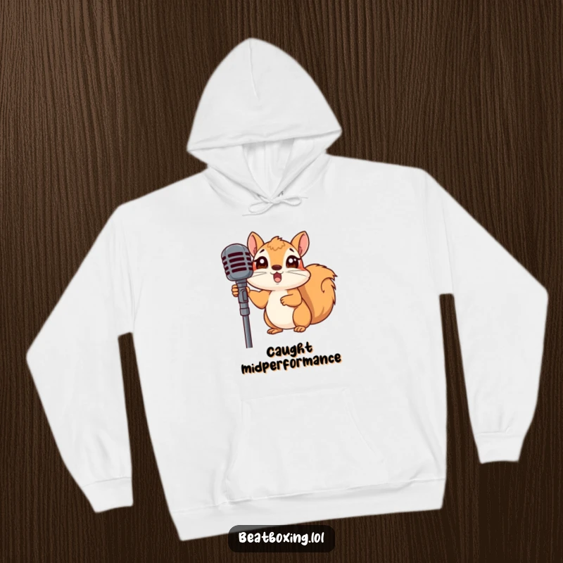 Funny hoodie illustrating a squirrel's surprised face as it peeks from behind a microphone stand, a perfect funny gift.