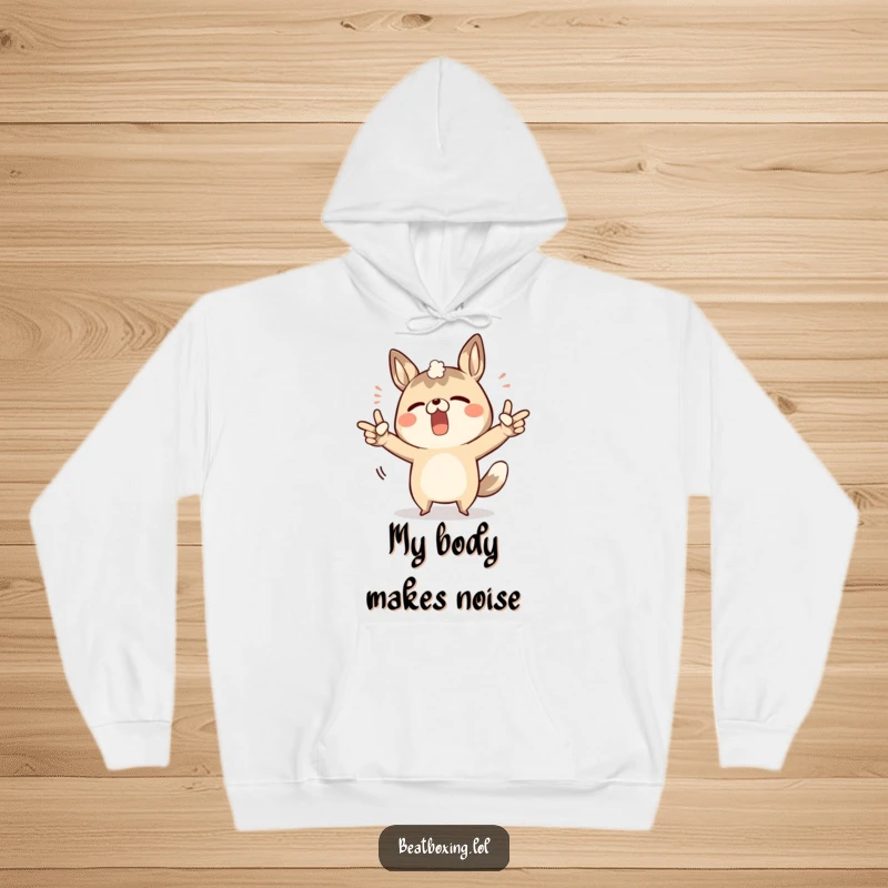 Funny hoodie with a determined animal character pointing to its body parts to create creative sound effects.