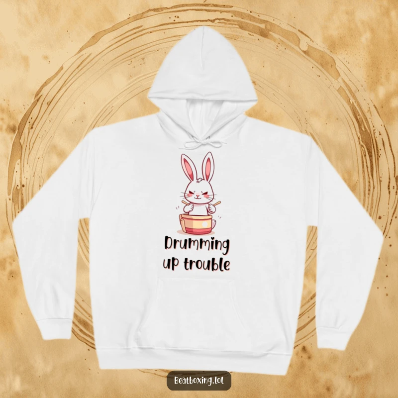 Cozy Funny Drumming Rabbit Hoodie depicting a determined rabbit drumming its paws rapidly, offering warmth and rhythmic humor.