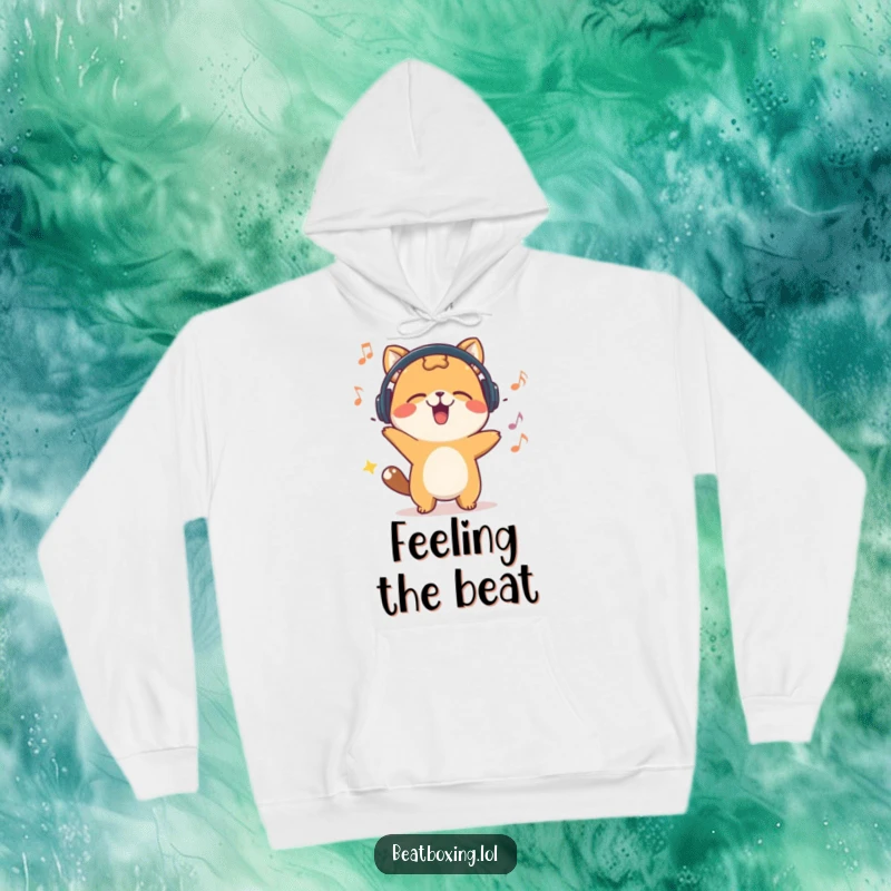 Funny hoodie with a happy animal character energetically bobbing its head, embodying a love for music and rhythm.