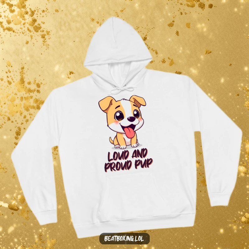 Funny hoodie design: A cute dog excitedly barking, tongue out, radiating pure happiness.