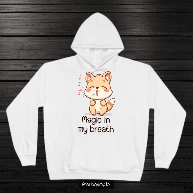 Funny hoodie with a whimsical animal character conjuring beautiful musical notes through magic.