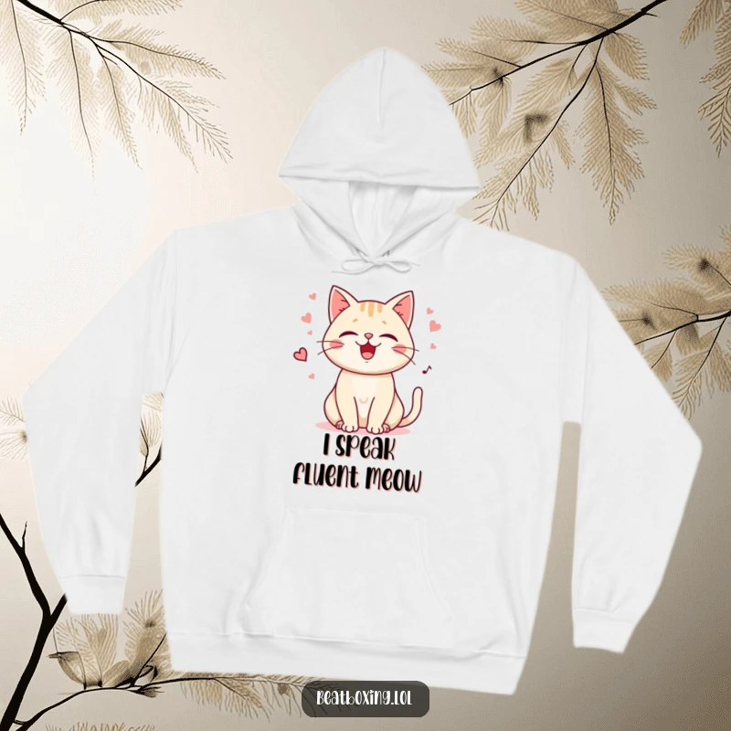 Cozy Funny Purring Cat Hoodie depicting a happy cat purring with its gentle rhythm and playful meows, offering warmth and feline humor.