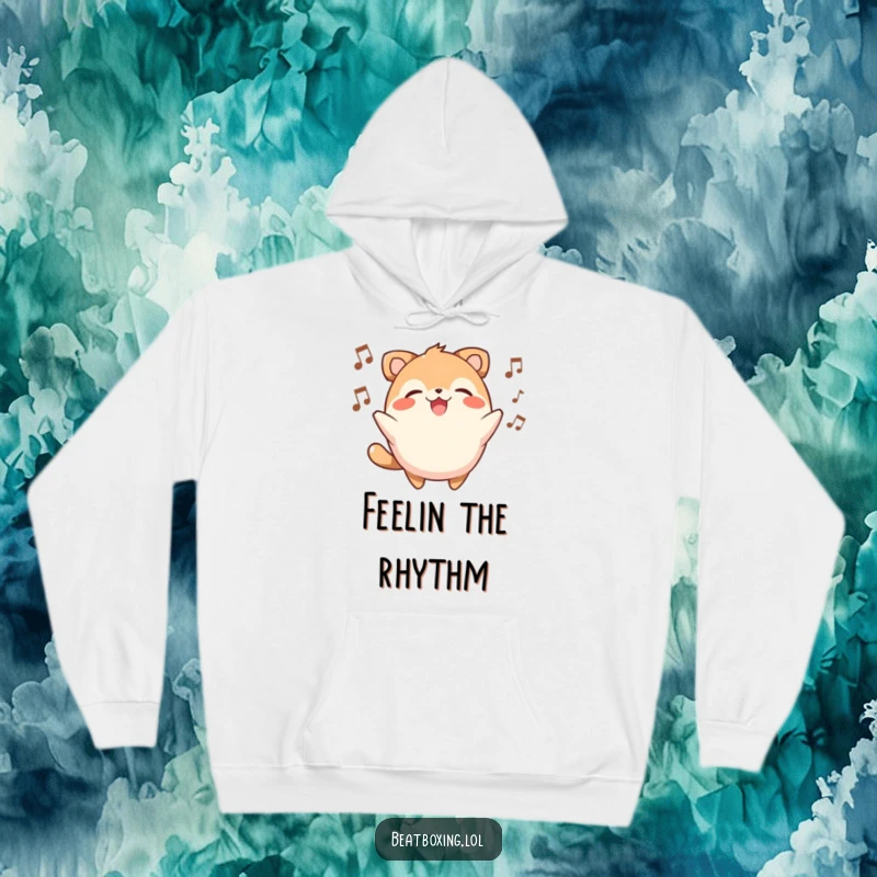 Funny hoodie with a round, smiling animal character energetically beatboxing and creating awesome sound effects.