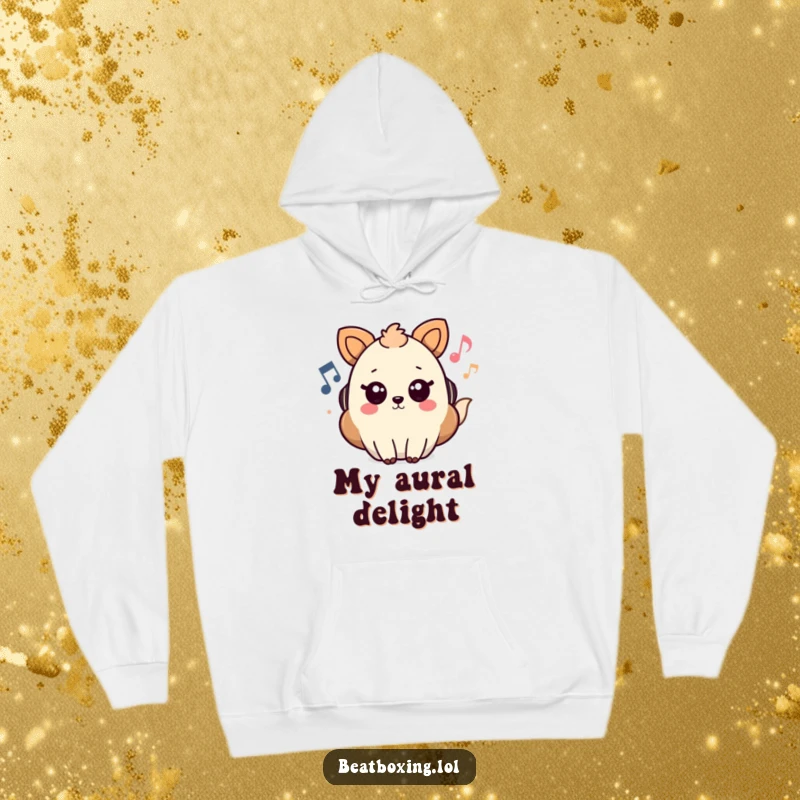 Funny Hoodie showcasing a delightful animal character surrounded by vibrant musical notes and flowing sound waves, comfortable and stylish.