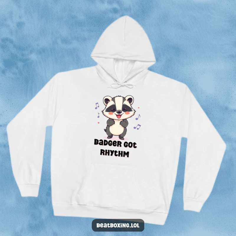 Funny badger hoodie showing a cheerful character grooving to a beat with head nods, a cozy humorous design.