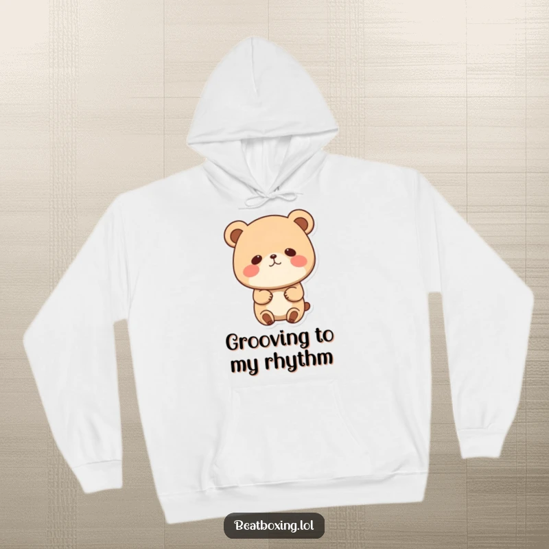 Funny hoodie with a cute bear character bobbing its head to an inner rhythm, cheeks puffed, radiating a sense of comfortable cool.