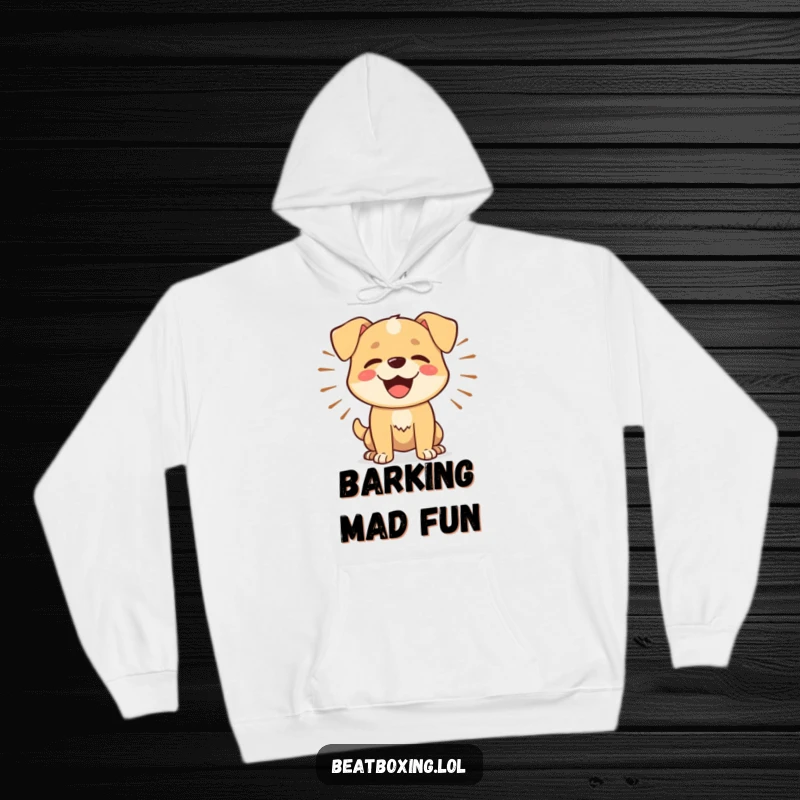 Funny Dog Barker Hoodie: A warm hoodie featuring a happy dog barking rhythmically with sound waves emanating outward.