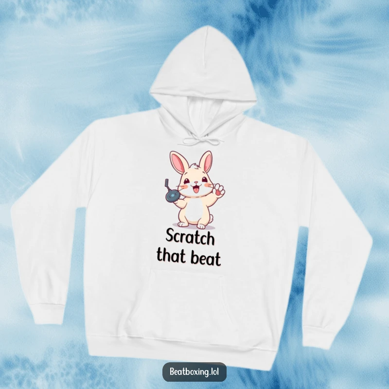 Funny hoodie featuring a delighted rabbit performing a dynamic record scratch, perfect for music lovers and DJs.