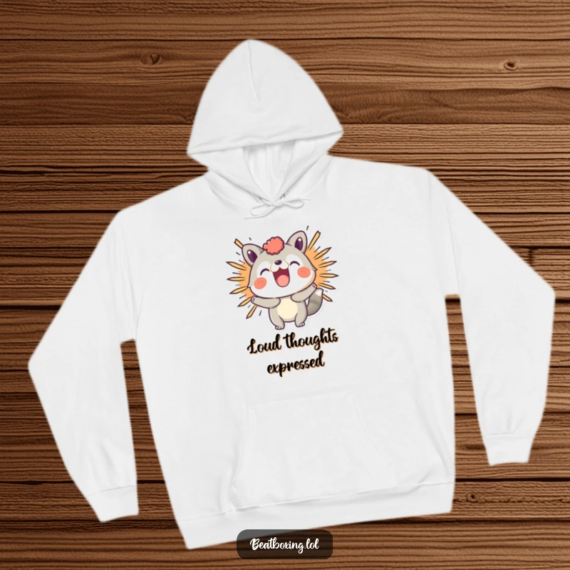 Funny hoodie with a playful animal character visually creating a 'BOOM' sound effect, exuding comical power.