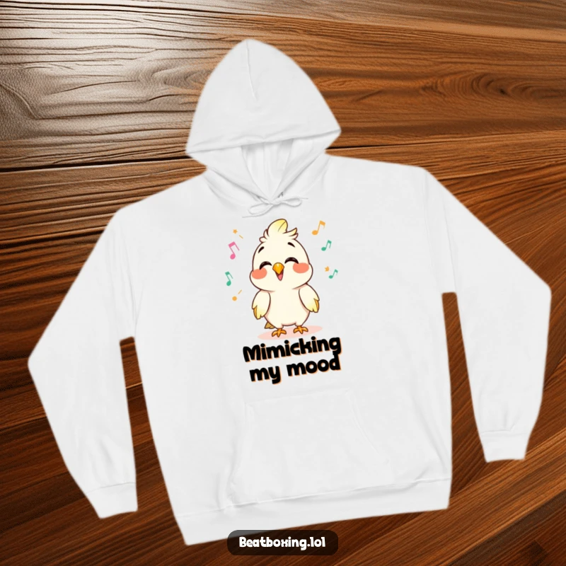 Funny hoodie featuring a giggling parrot character mimicking sounds with quick clicks and pops, perfect for cozy, chatty days.