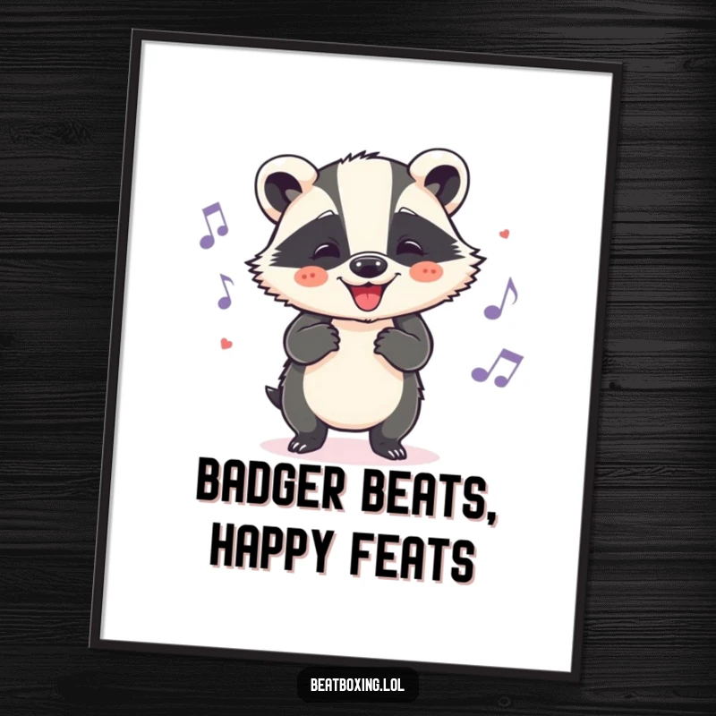 Funny free printable wall art of a cheerful badger grooving along, nodding its head rhythmically.