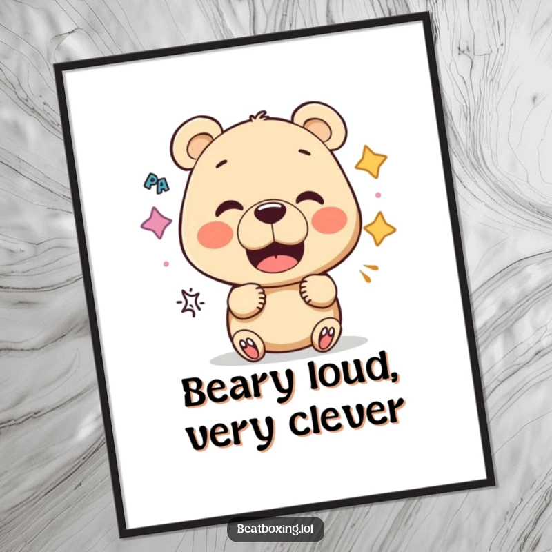 Funny Free Printable Wall Art: Curious bear experimenting with mouth shapes for funny sounds, creating quirky and humorous decor.