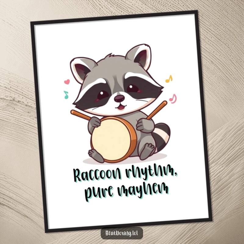 Funny free printable wall art of a mischievous raccoon playing imaginary drums with its paws.