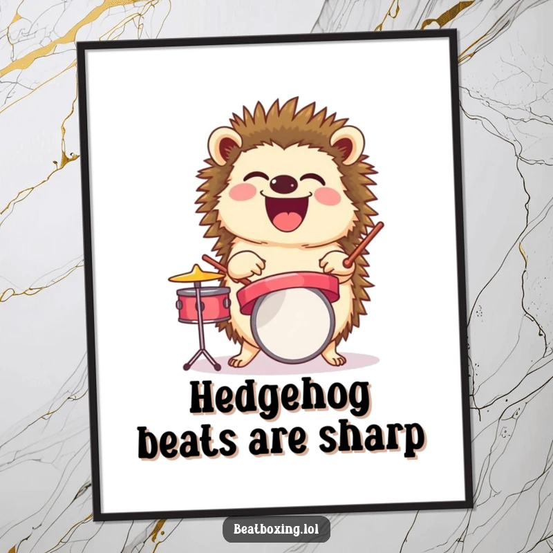 Funny Free Printable Wall Art: A laughing hedgehog balancing a tiny drum set, playing a cheerful tune, perfect for adding humor to decor.