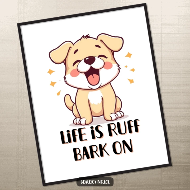 Funny Free Printable Puppy Wall Art: An energetic puppy barking with excitement, adding a percussive, happy vibe. Hilarious downloadable decor.