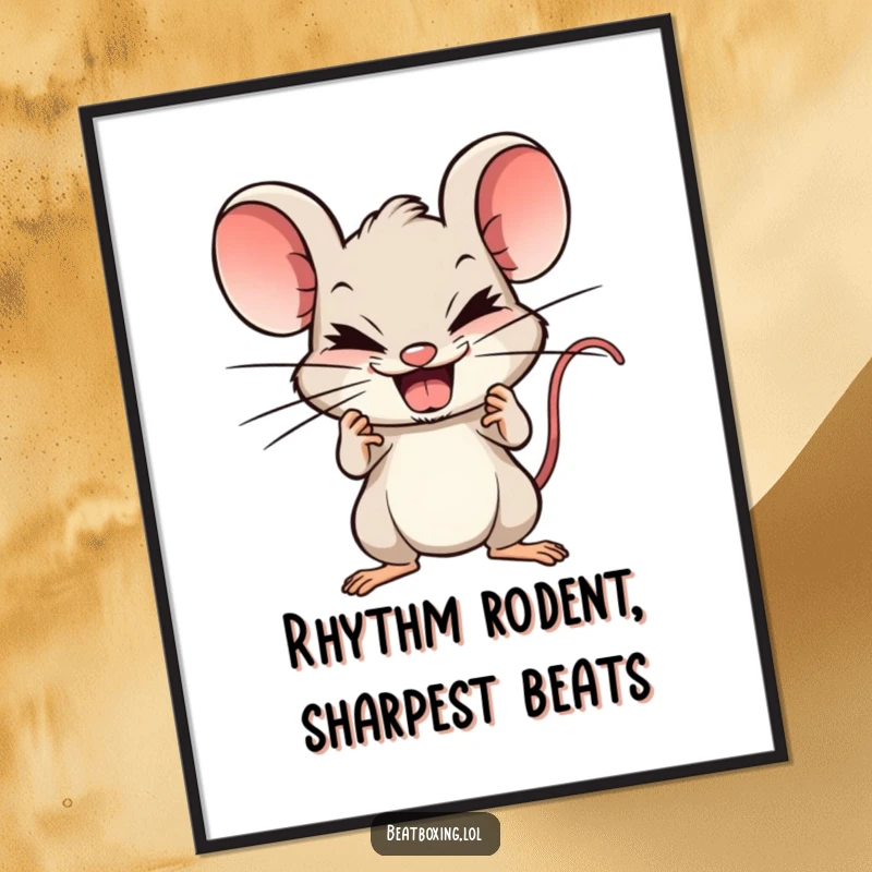 Funny Free Printable Wall Art: Mischievous mouse beatboxing, teeth clicking rapidly, creating sharp musical beats, quirky downloadable decor.