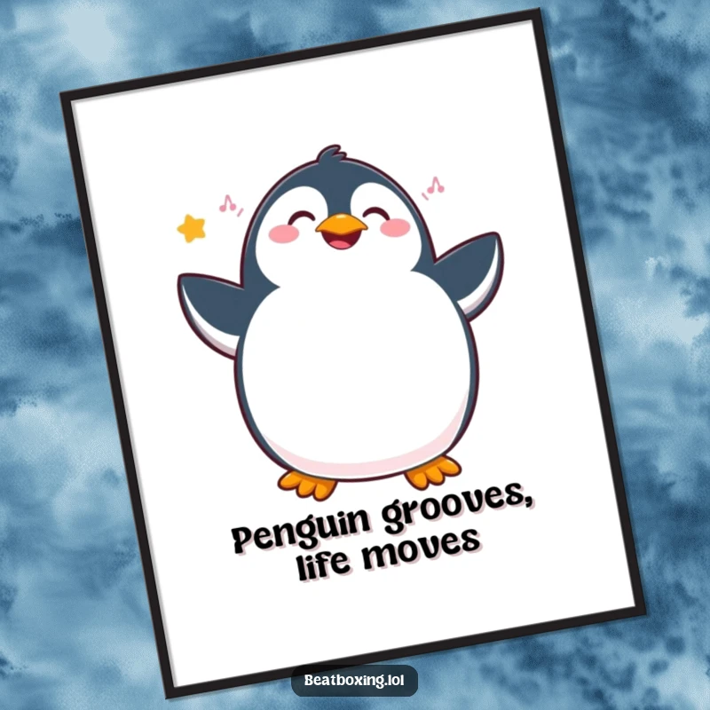 Funny free printable wall art of a happy penguin wiggling its body and hips, lost in its own rhythm.