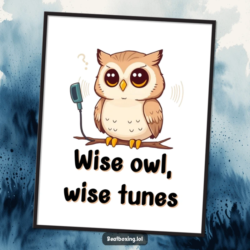 Funny Free Printable Wall Art: A thoughtful owl with a focused gaze listens to a complex synthesized sound wave.