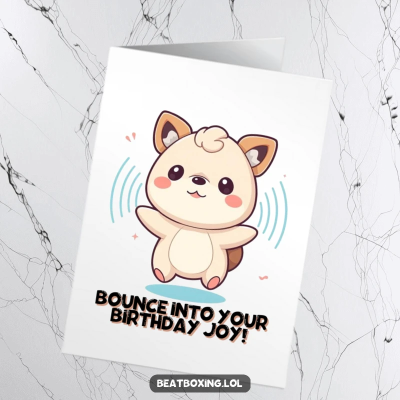 Funny Free Printable Birthday Card featuring a bouncing animal surrounded by pulsing sound waves, perfect for a lively celebration.