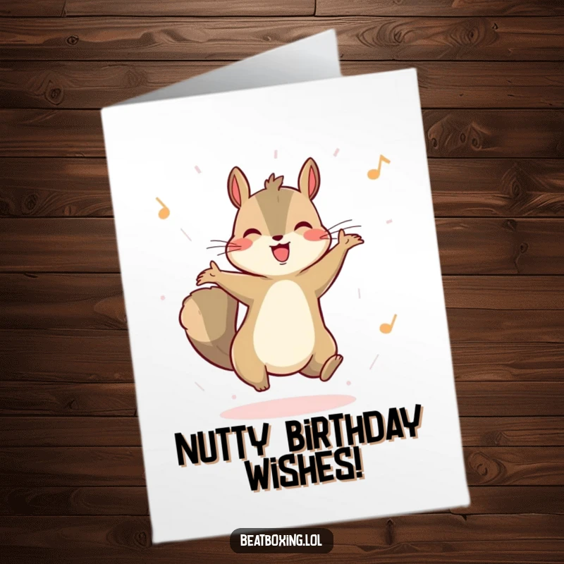 Funny Free Printable Birthday Card: A happy squirrel energetically bounces, lost in the groove of an unseen rhythm.
