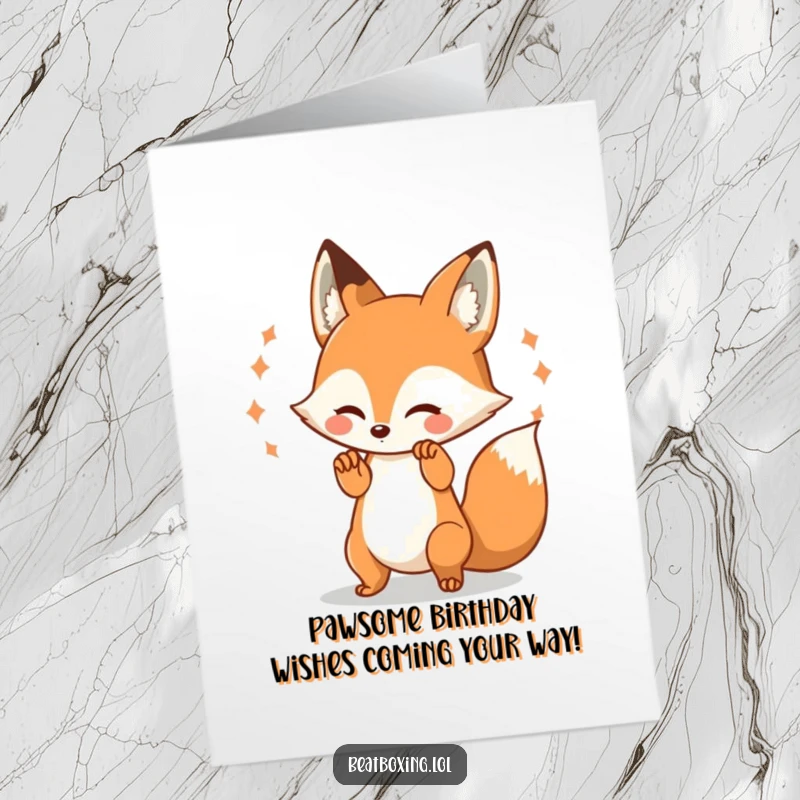 Funny Free Printable Birthday Card: Playful fox character enthusiastically beating paws rhythmically, sending visual pulses of joy.